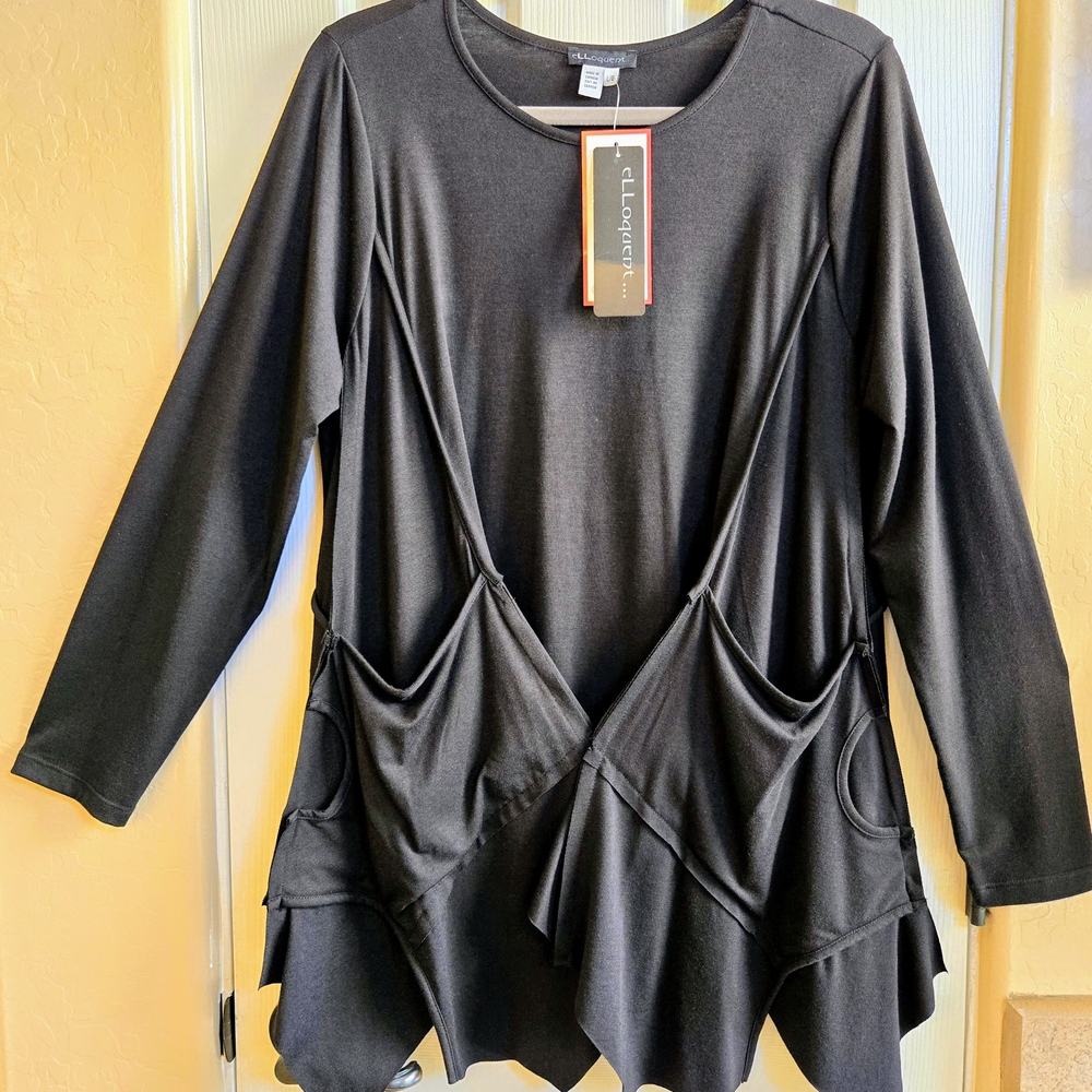 Elloquent Clothing Black Asymmetrical Tunic Top Long Sleeve Size Large NWT